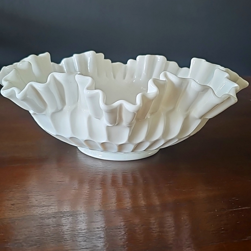 Fenton Milkglass Large Ruffle Thumbprint Bowl